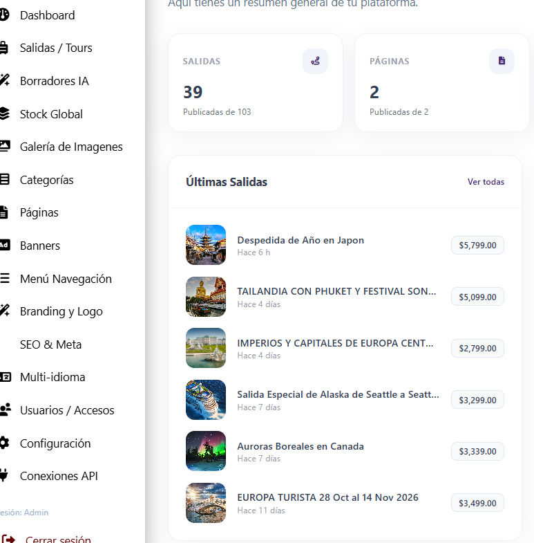 Travel CMS frontend and backend shown on laptop, tablet and phone